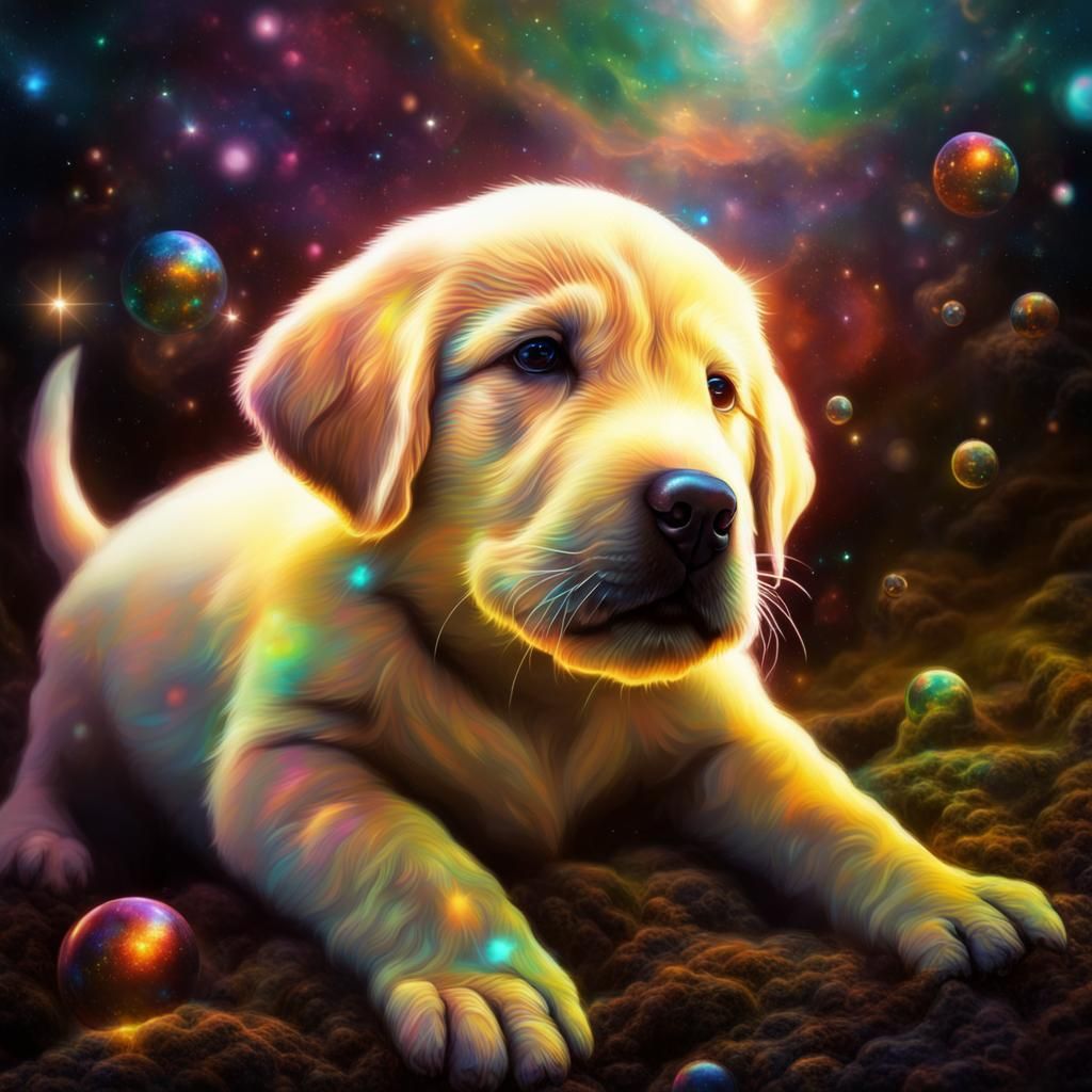 Labrador Puppies Play: Holographic Cosmic Illustration