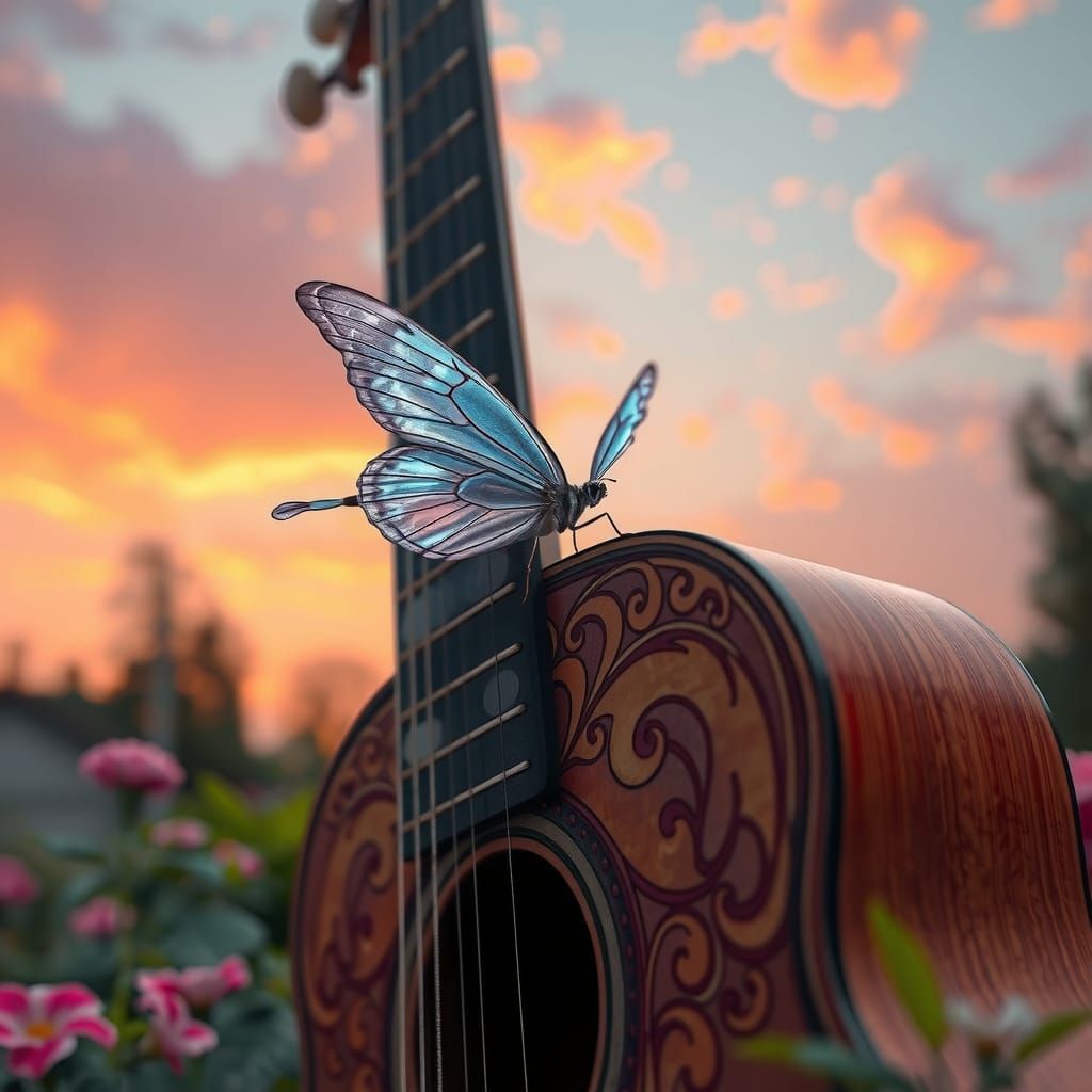 Ethereal Butterfly Guitar in Sunrise Garden