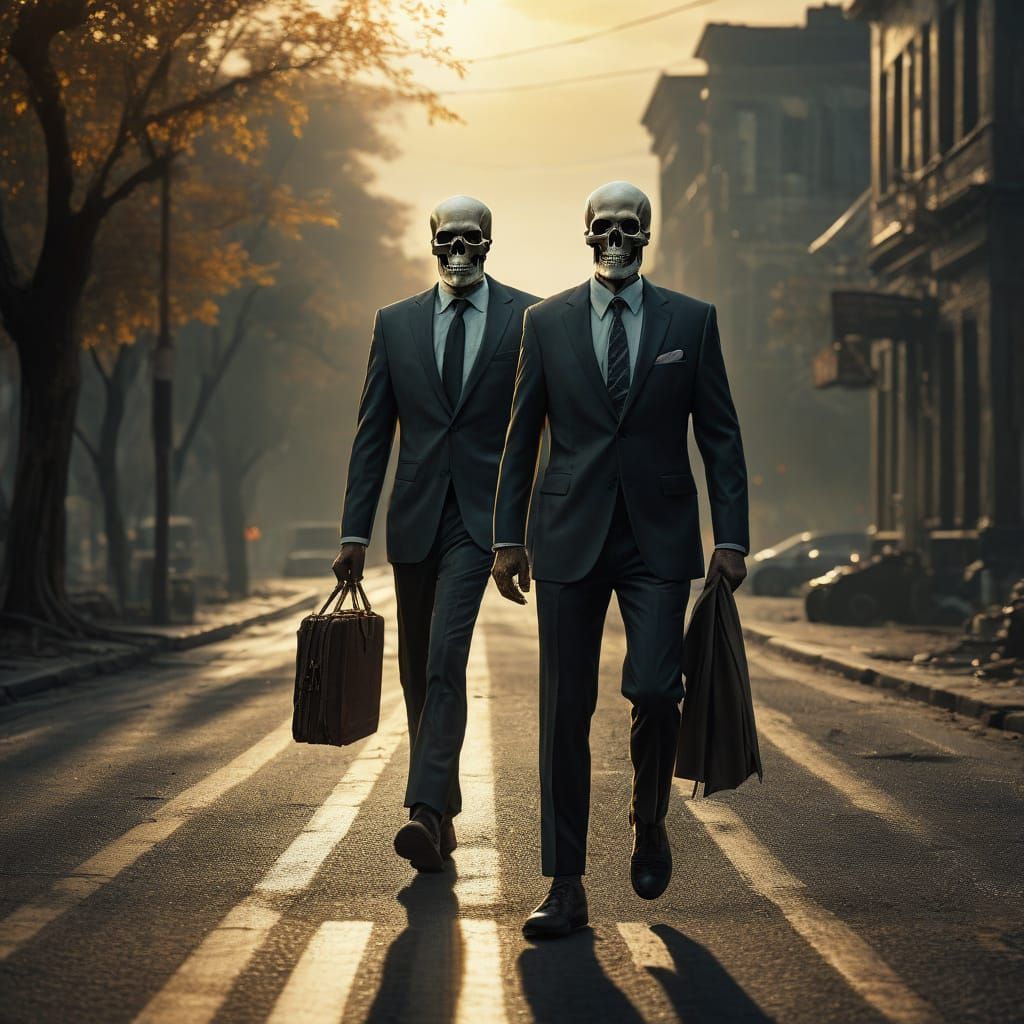 Epic Skeleton Businessman Strolls Down Road in Golden Hour