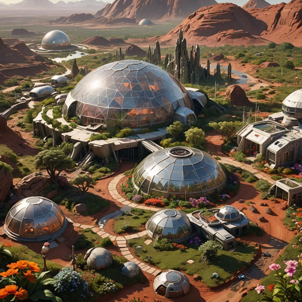Lush Biodome Garden on Barren Mars Landscape