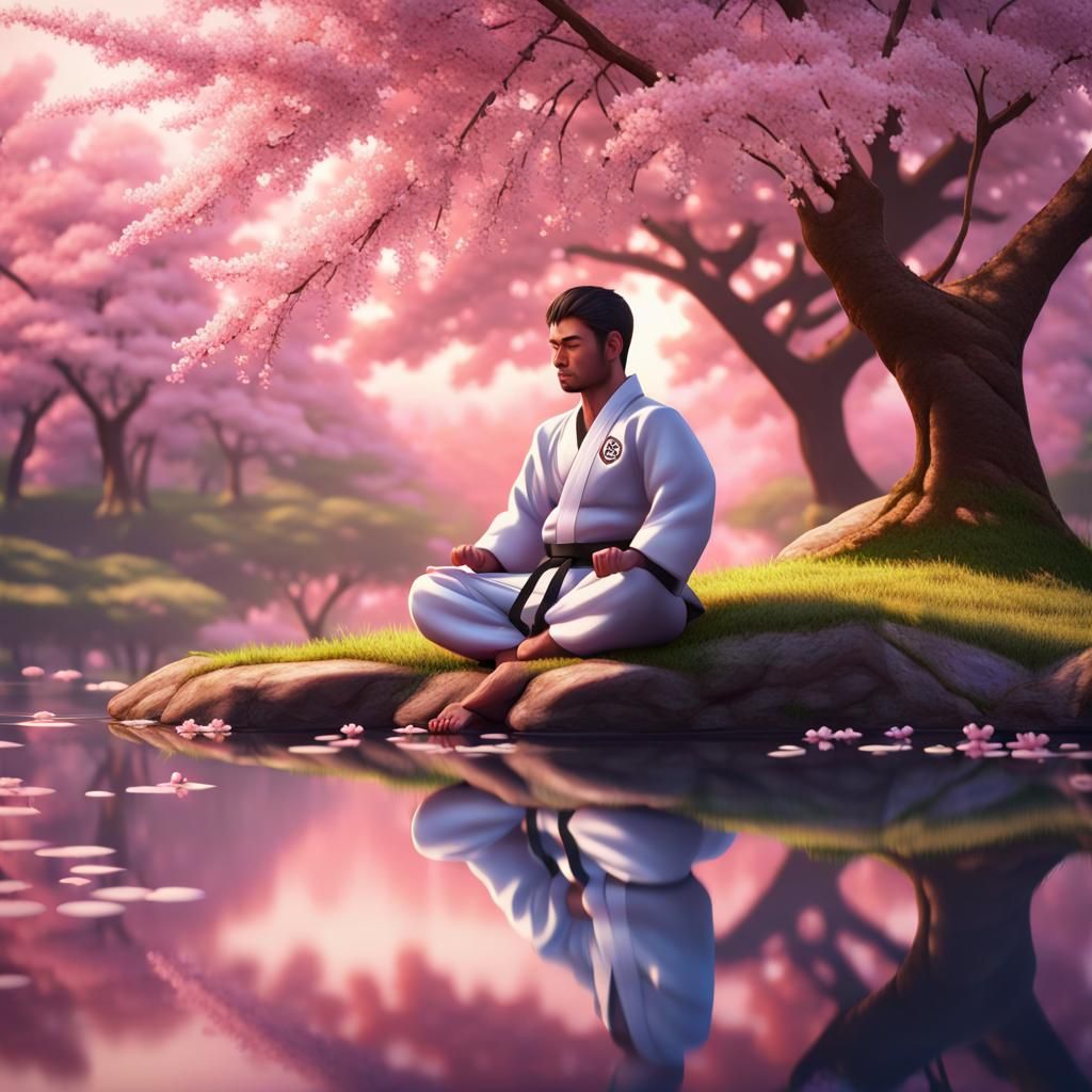 Karate Student Meditating by Pond in 3D Style