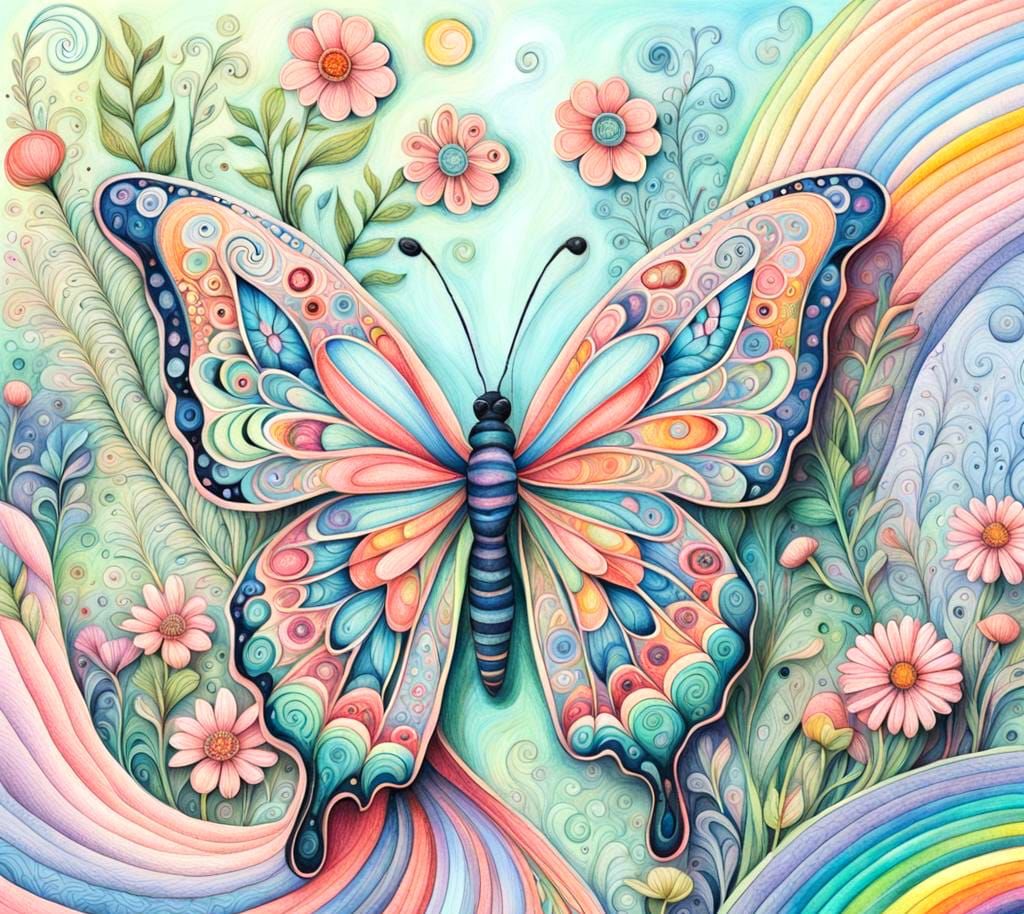 Rainbow Butterfly in Garden Park Zentangle Drawing