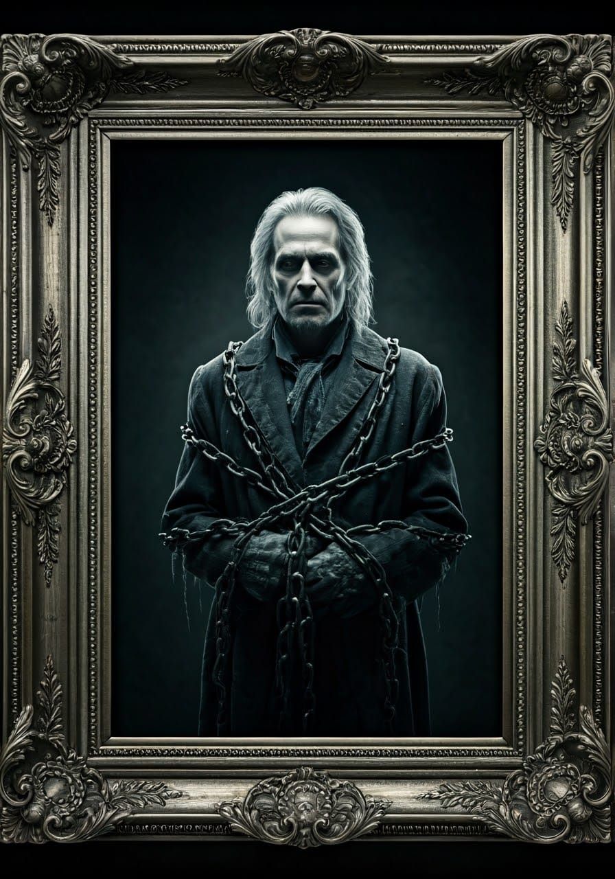 Haunting Portrait of Jacob Marley in Silver Frame