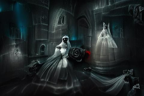 Ghost Bride in Gothic Library: Dark Digital Art