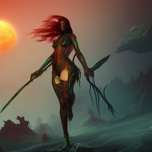 Demon Woman on Alien Planet, Detailed Matte Painting