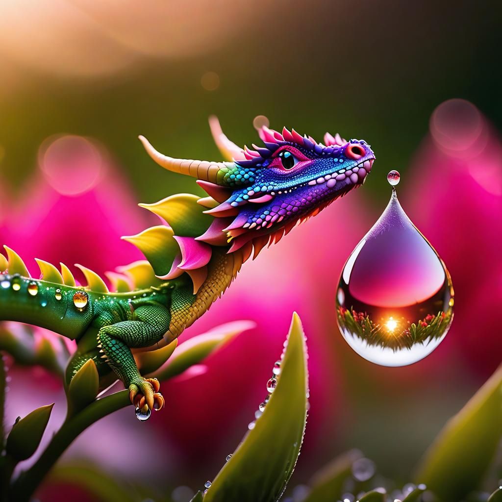 Snapdragon Dewdrop Reflects Fantasy Dragon at Sunrise