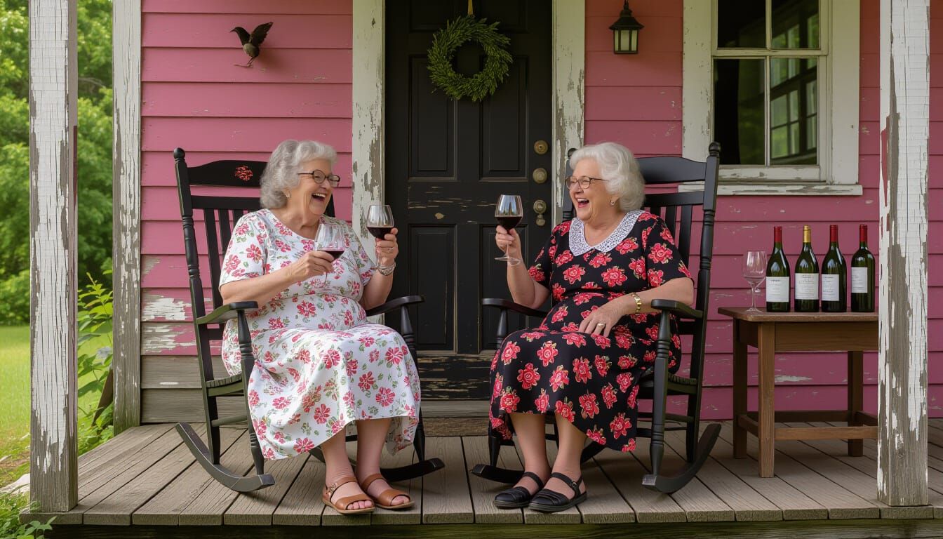 Whimsical Old Ladies Enjoying Wine on Pink Porch