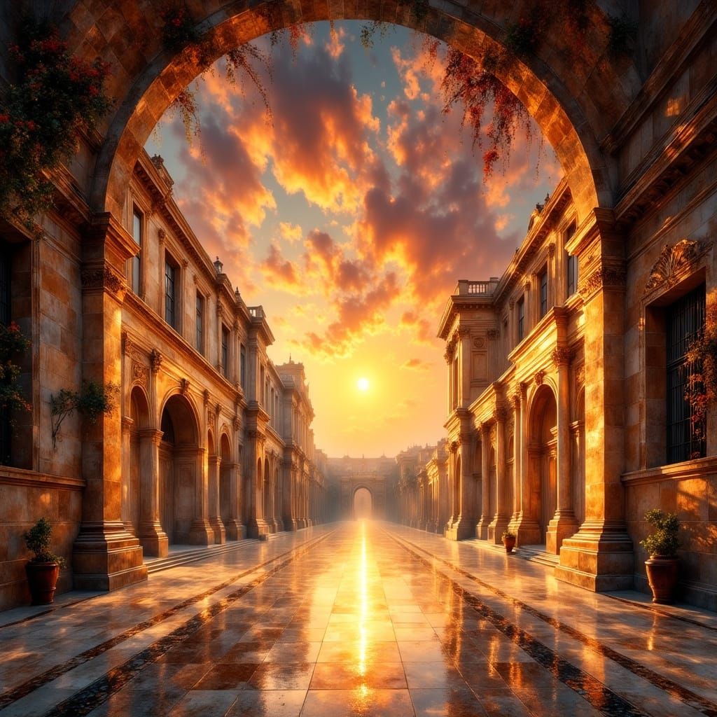 Majestic Assyrian Palace Promenade at Sunset