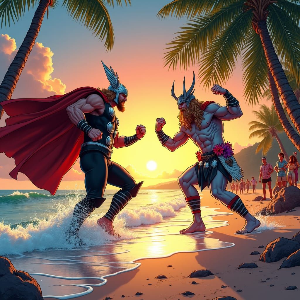 Thor and Odin Clash on Tropical Beach
