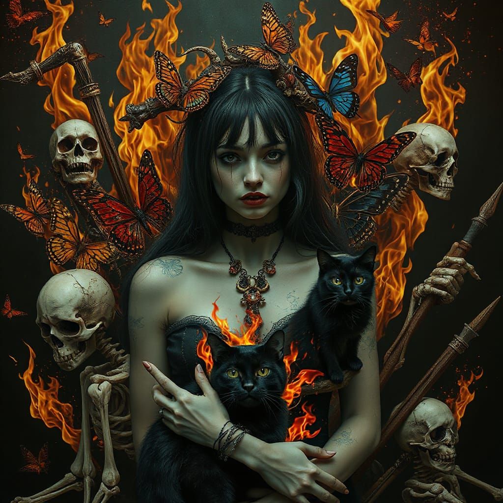 Gothic Woman in Flames with Skulls and Butterflies