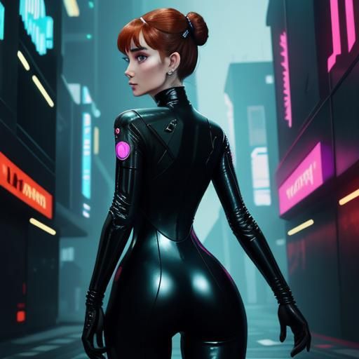 Audrey Hepburn Cyberpunk Latex Catsuit Rear View