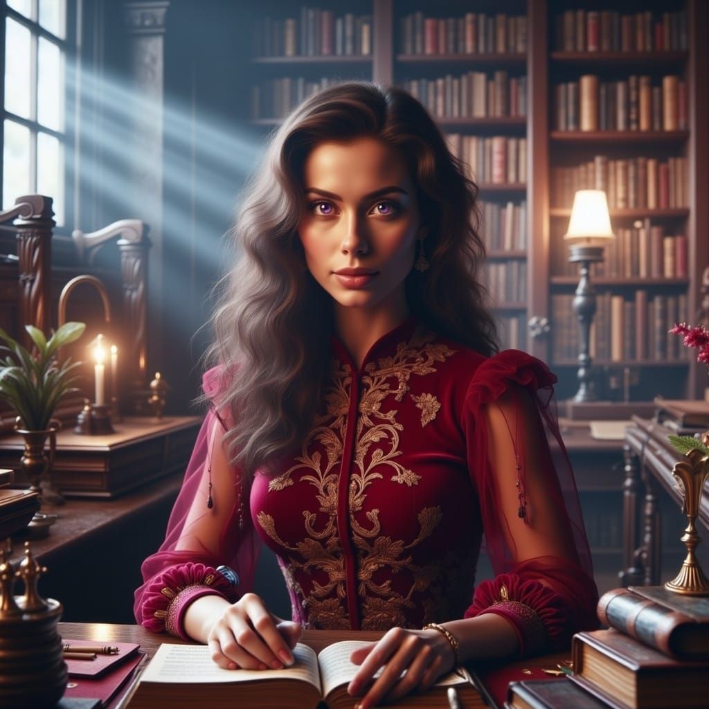 Elegantly Dressed Woman Sitting at Antique Desk in Soft, Gol...