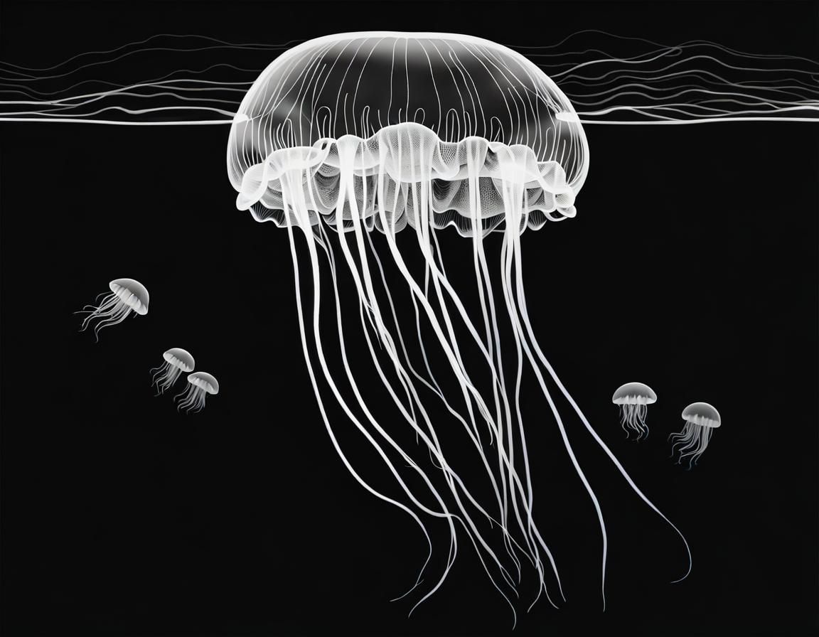 Bioluminescent Jellyfish Silhouette Portrait in Black and Wh...