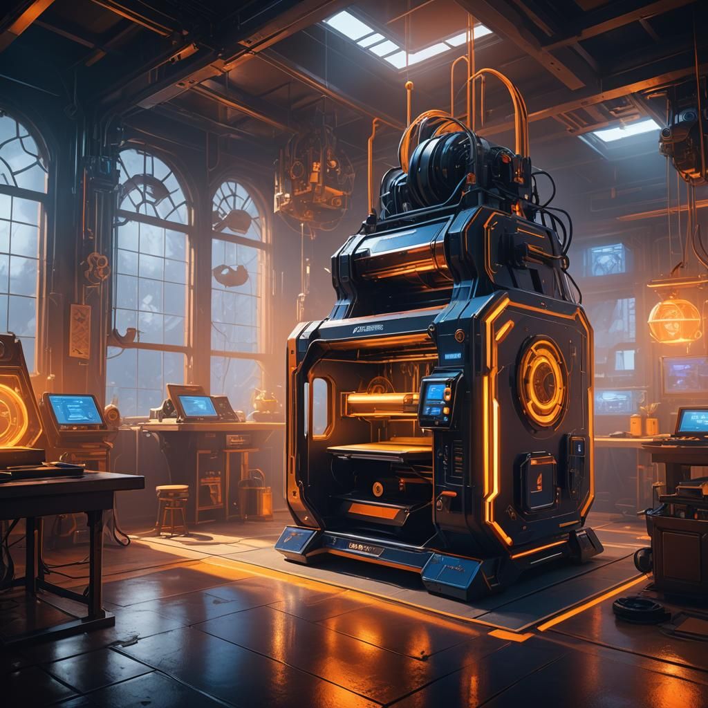 Mystical 3D Printer in Futuristic Workshop
