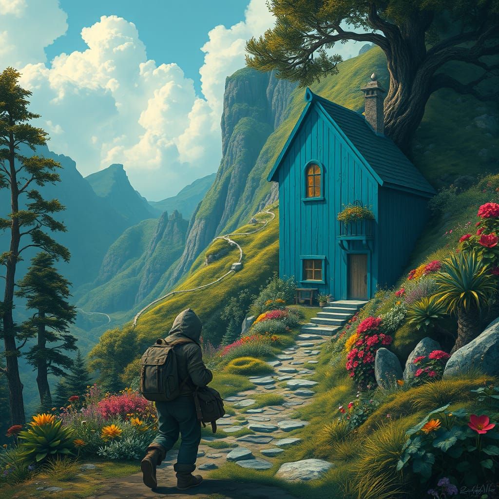 Traveler Approaches Mystical House in Fantasy Landscape