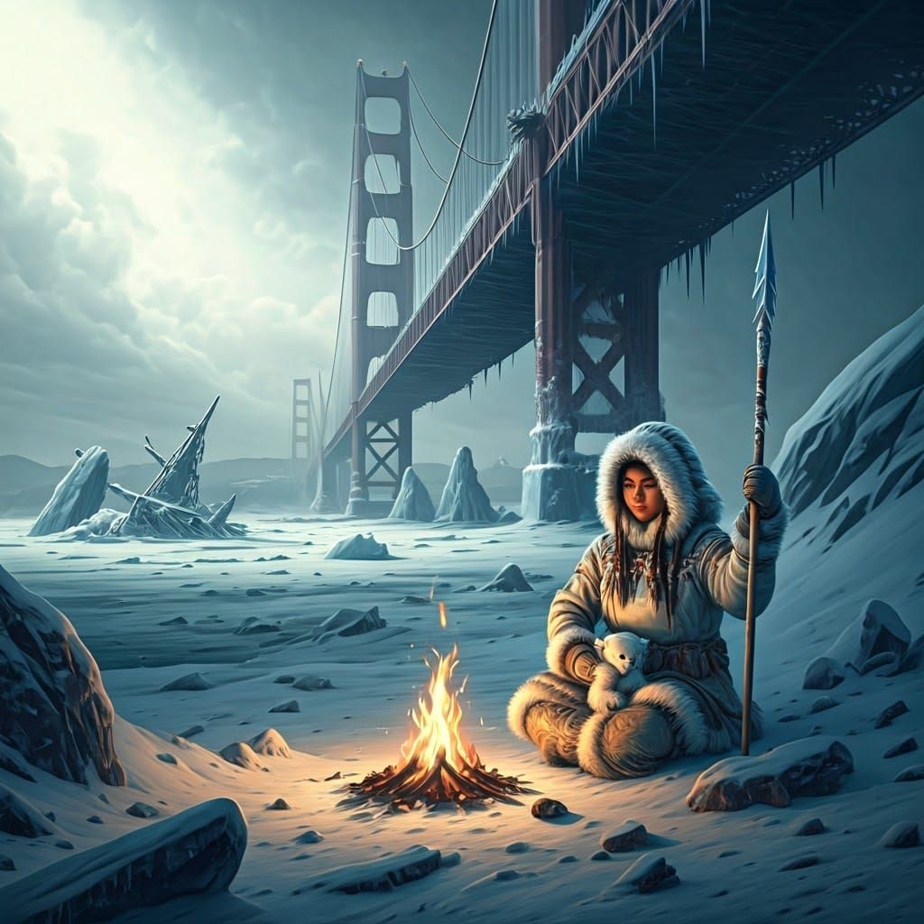 Inuit Nomad Meditating by Golden Gate Bridge Ruins in a Froz...