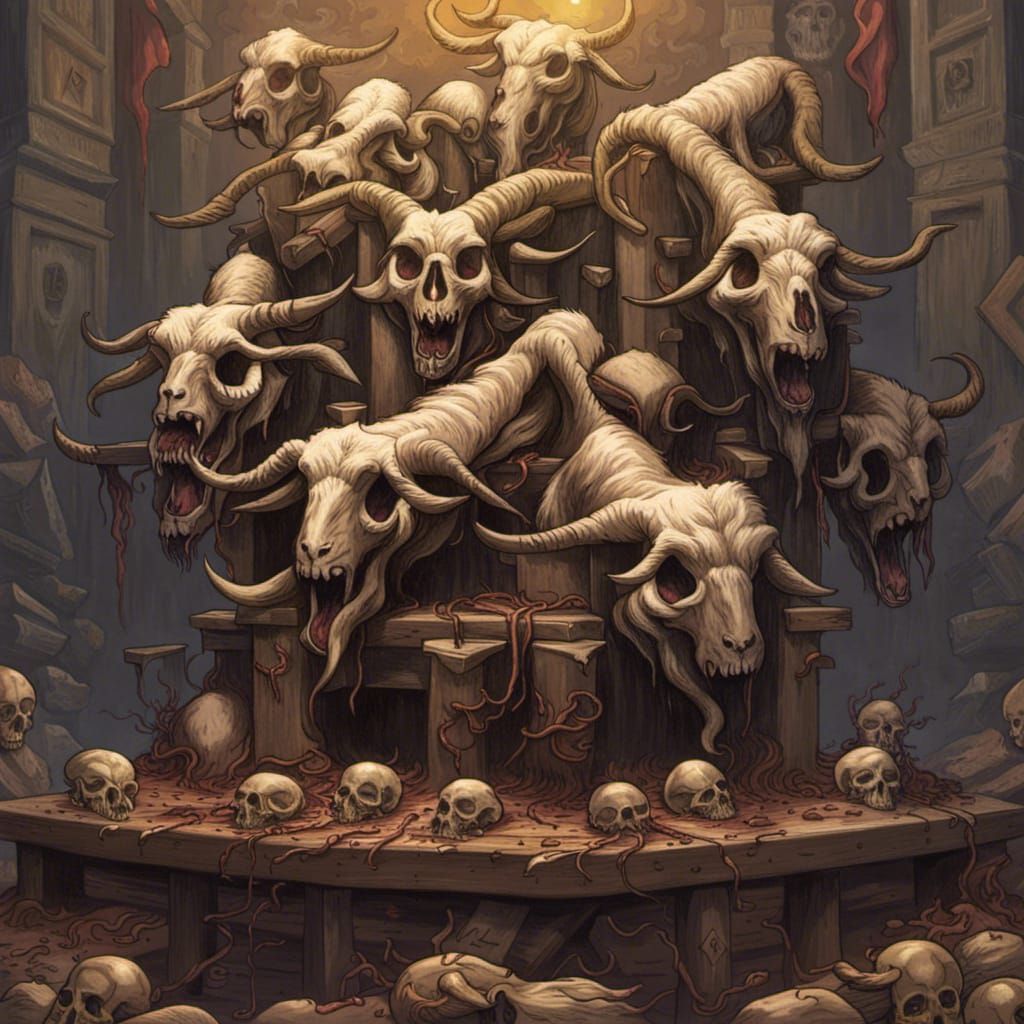 Sinister Rotting Zombie Goat Skull Altar Art