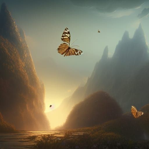Two White Butterflies in Detailed Matte Painting