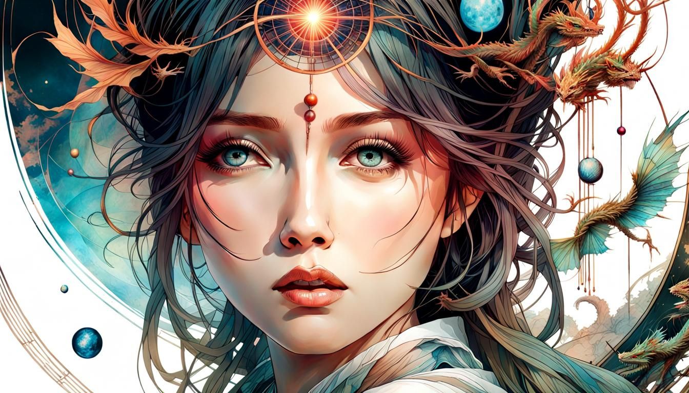 Art Nouveau Japanese Woman with Ethereal Dragons