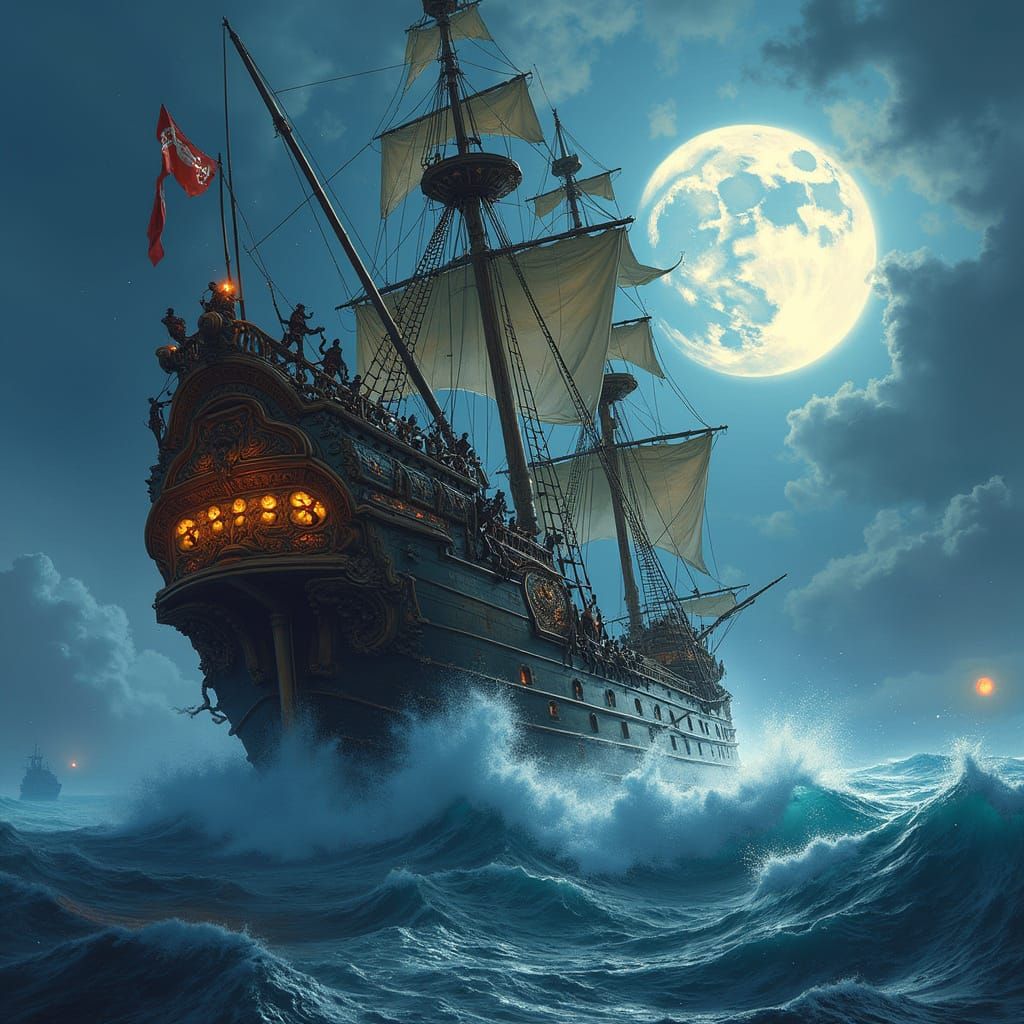 Alien Pirate Ship Survives Storm in Splash Art Style