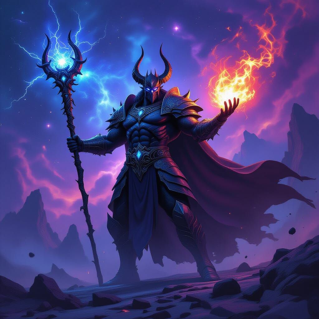 Colossal Demon King with Celestial Staff in Nebula