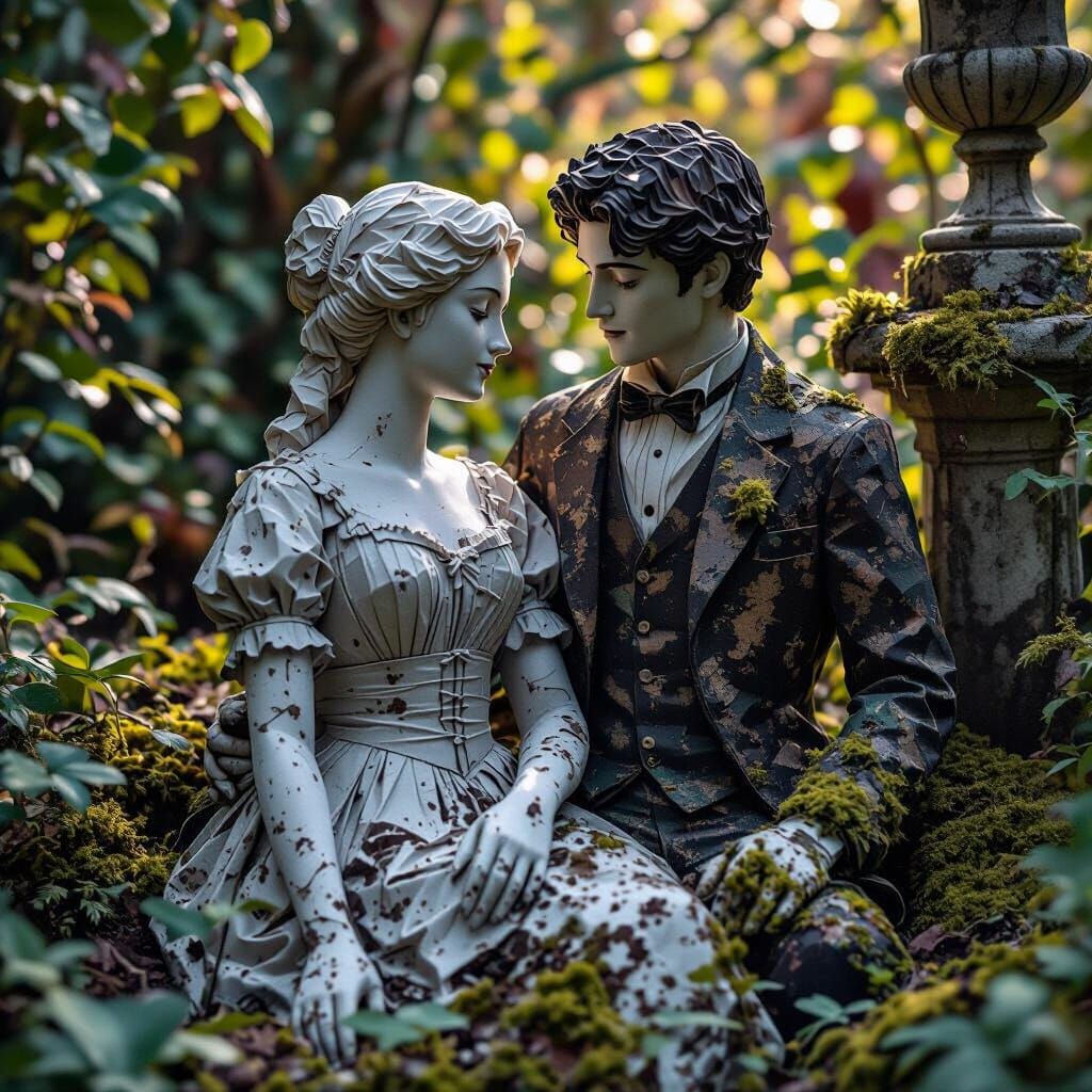 Weathered Porcelain Lovers in Overgrown Garden
