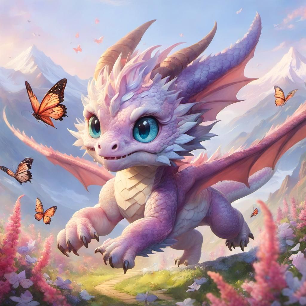 Anime Dragon Chasing Butterflies in Mountain Landscape