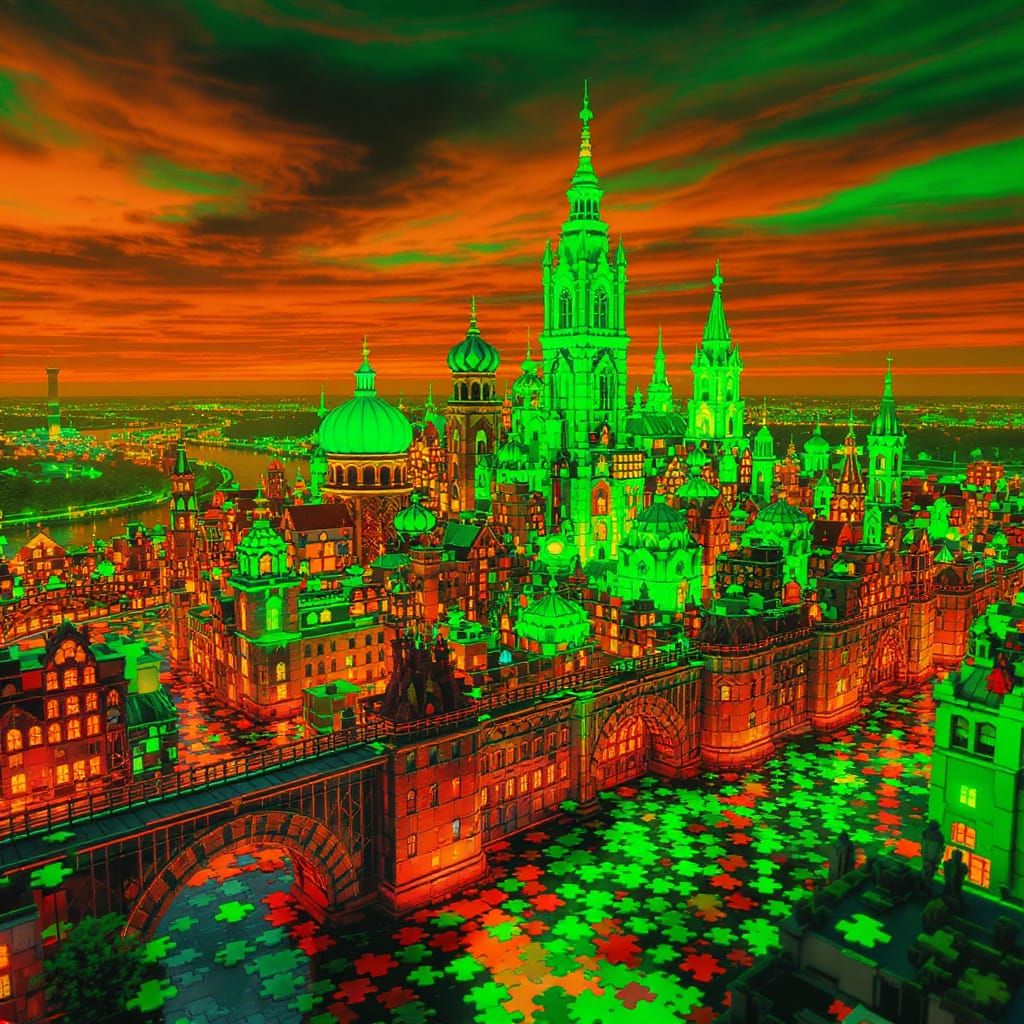 Neon Puzzle City: Dichromatic Digital Art