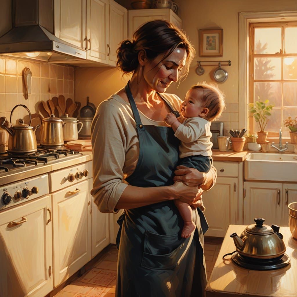 Mother's Gentle Love in a Cozy Kitchen Scene