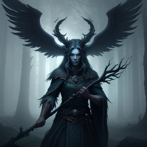 Druid Summoning a Wolf in Misty Forest