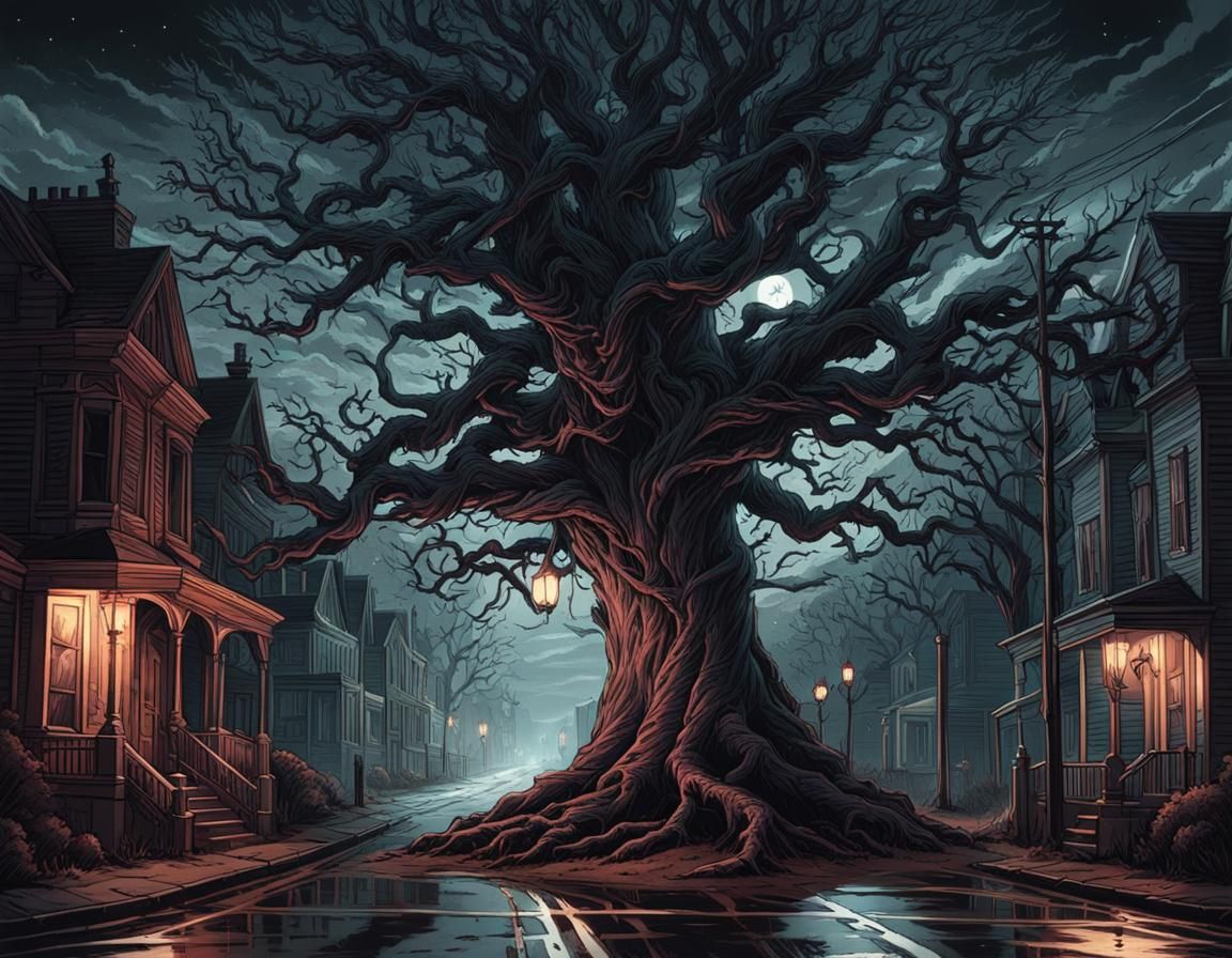 Eerie Victorian Tree at Night: Macabre Art