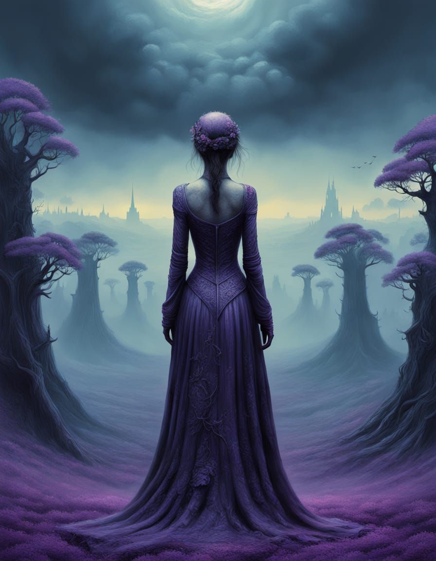 Elegant Woman in Violet Dress, Digital Art