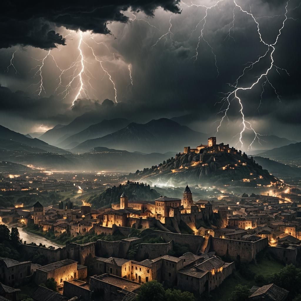 Stormy Cinematic Landscape with Ancient City