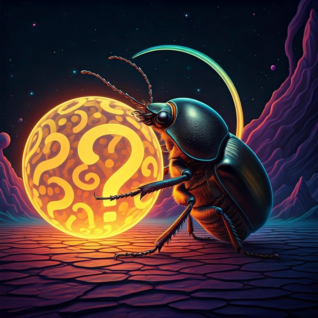 Dung Beetle Pushing Questions in Neon Cyberspace