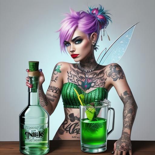 Punk Tinkerbell 
Body tattoos 
Piercings 
Vodka bottle