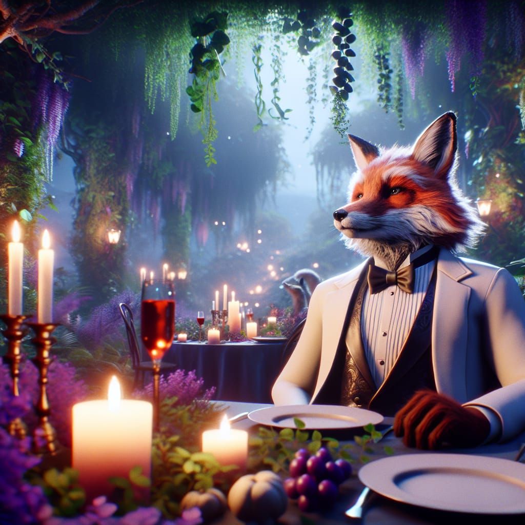 Anthropomorphic Fox in Tuxedo at Fantasy Dinner Party