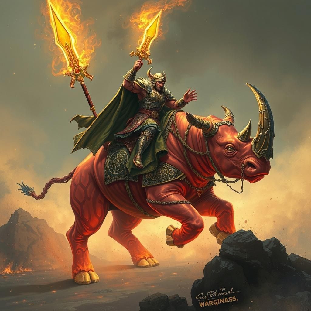 Warrior on Flaming Rhino in Hyperdetailed Fantasy Art