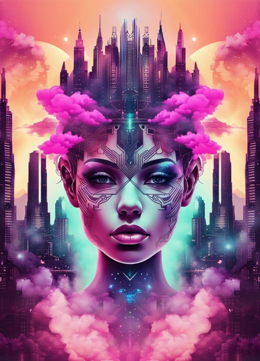 Futuristic Steampunk Face in Dystopian Cityscape