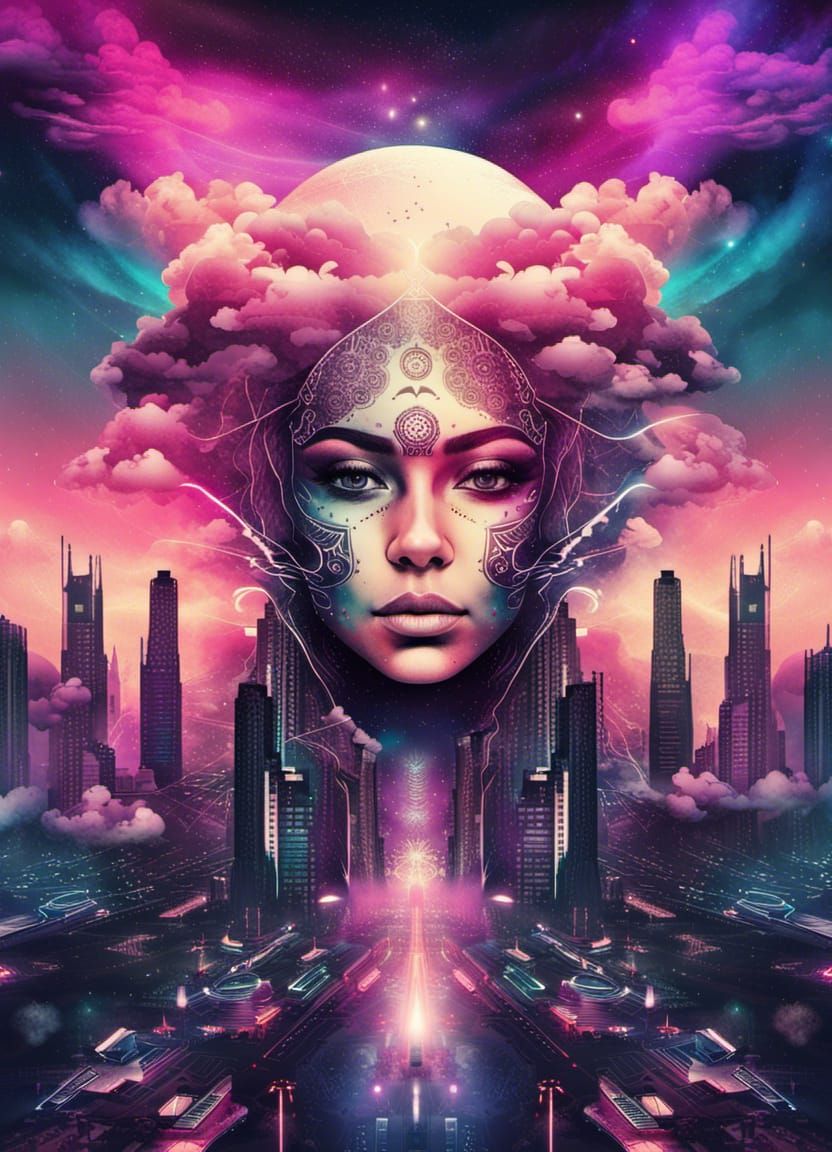 Futuristic Steampunk Cityscape with Symmetrical Face, Digita...