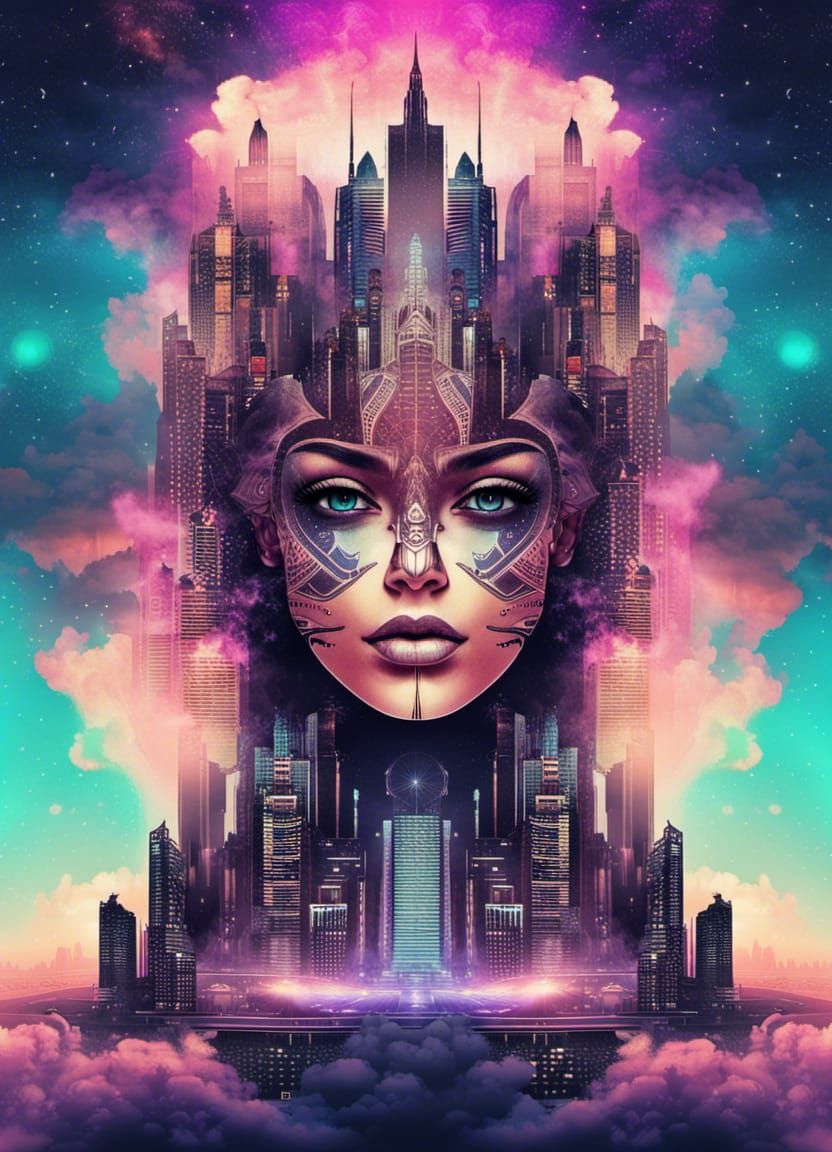 Steampunk Cityscape with Symmetrical Face in Synthwave Style
