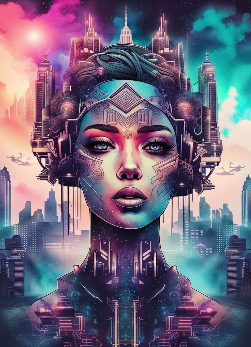 Steampunk Cityscape with Symmetrical Face in Synthwave Style