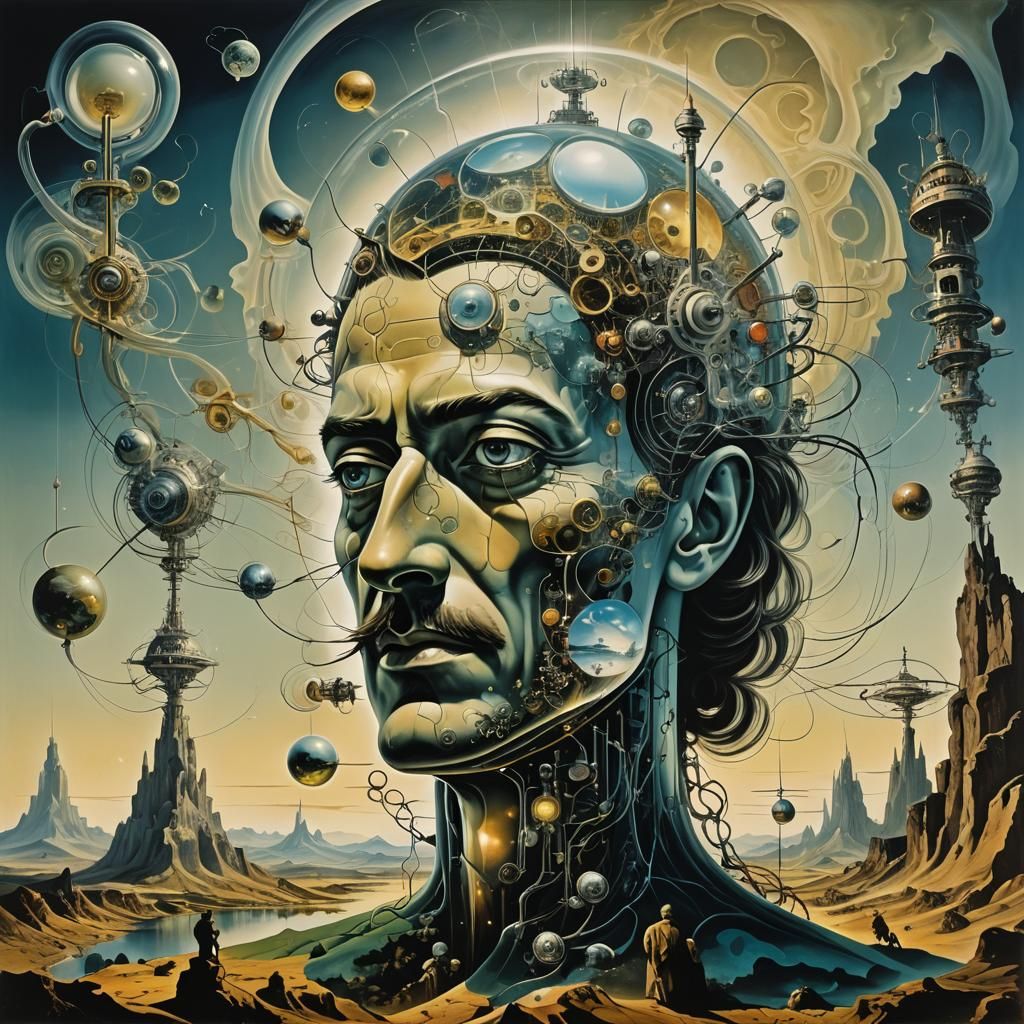 Double exposure / Superimposition of a transparent surreal scientist manipulating a technological world over a landscape...