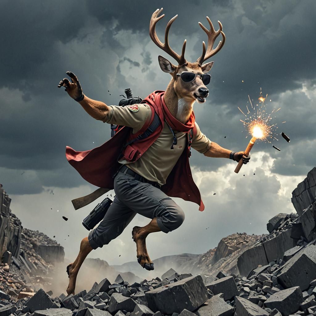 Anthropomorphic Deer Villain in Quarry Action Scene
