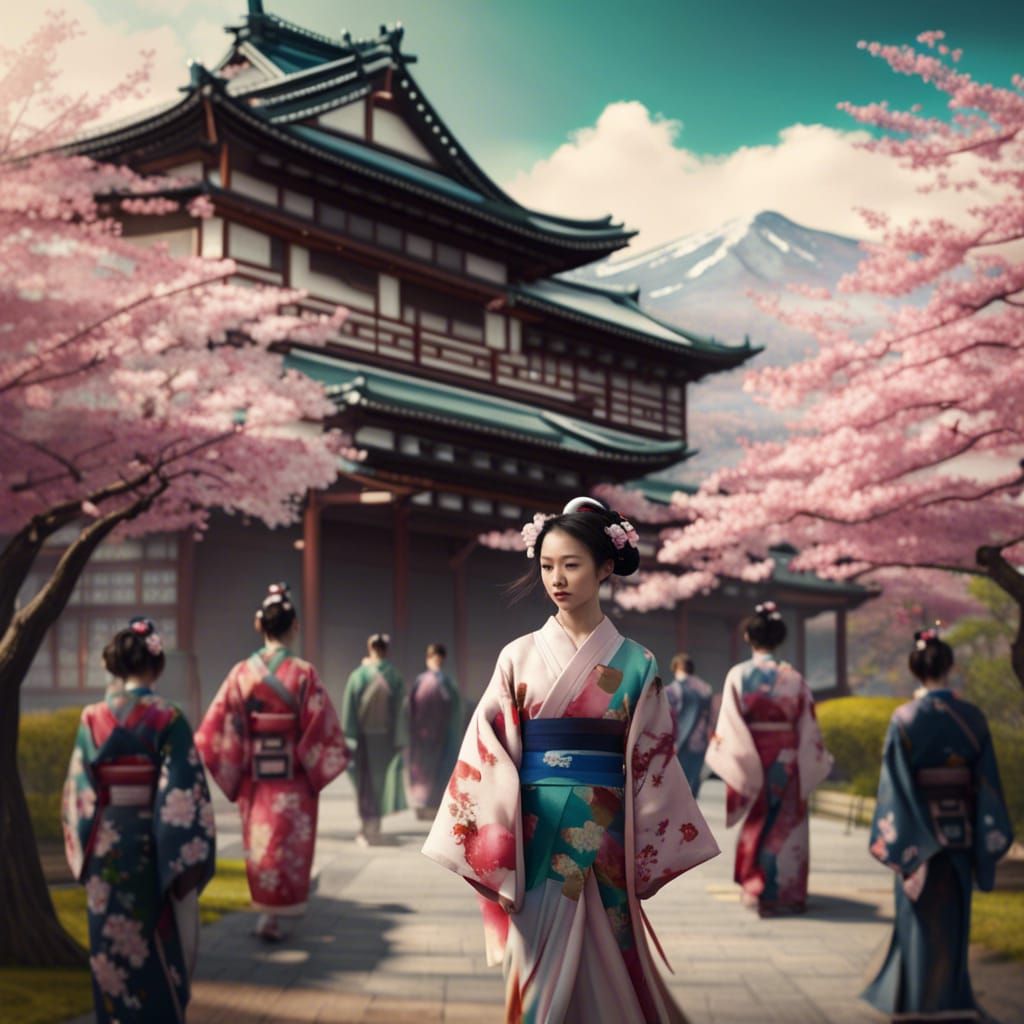 Colourful Japanese Palace with Cherry Blossoms