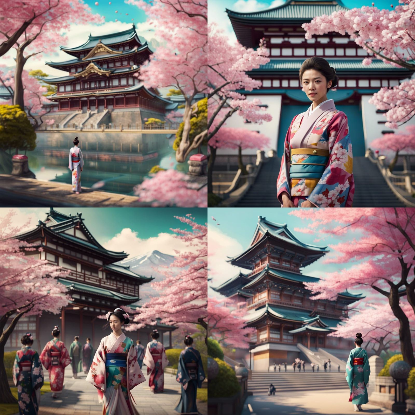 Colorful Japanese Palace with Cherry Blossoms