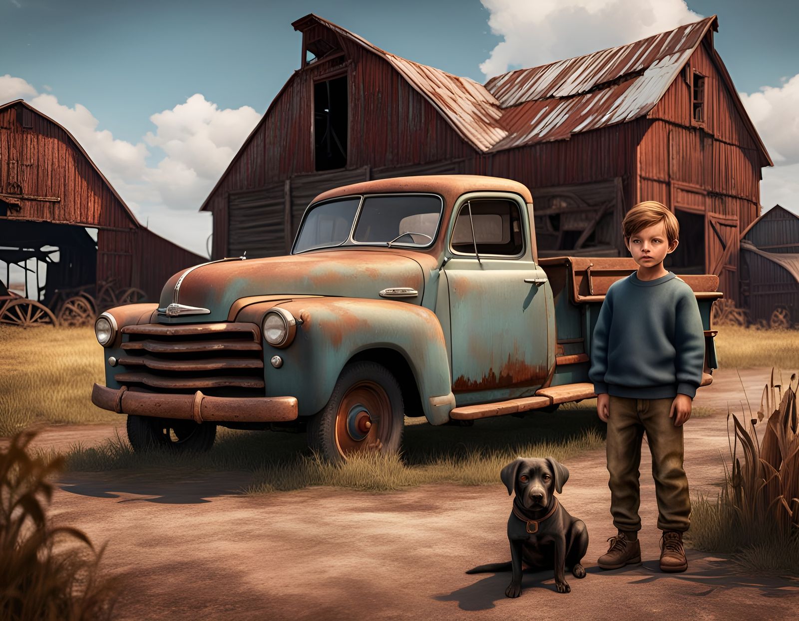 Child and Rusty Truck in Detailed Matte Painting