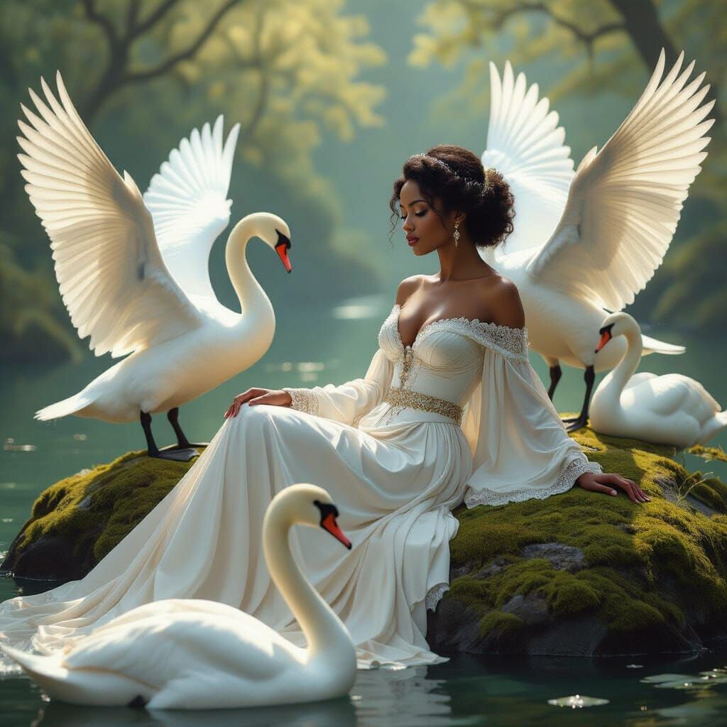 Elegant Woman with Swans in Art Nouveau Style