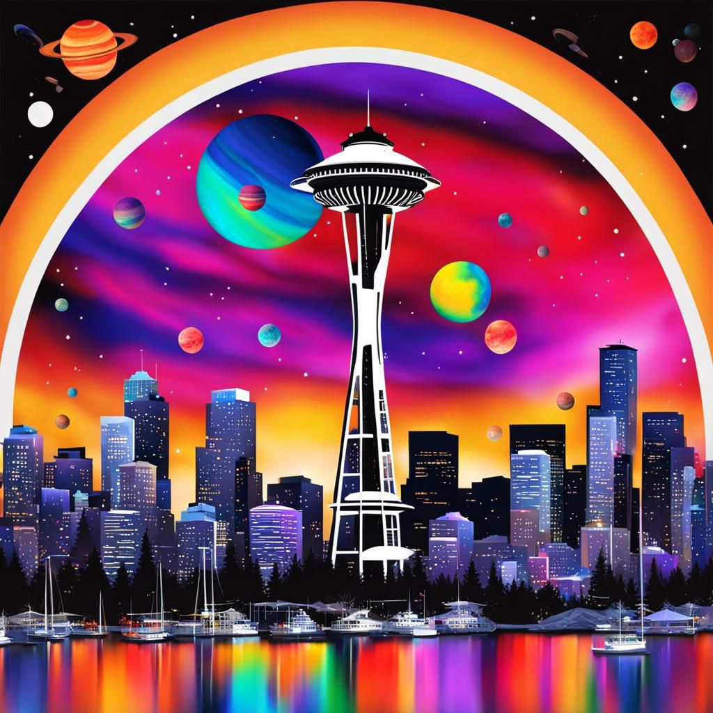 Abstract Space Needle with Vibrant Planets