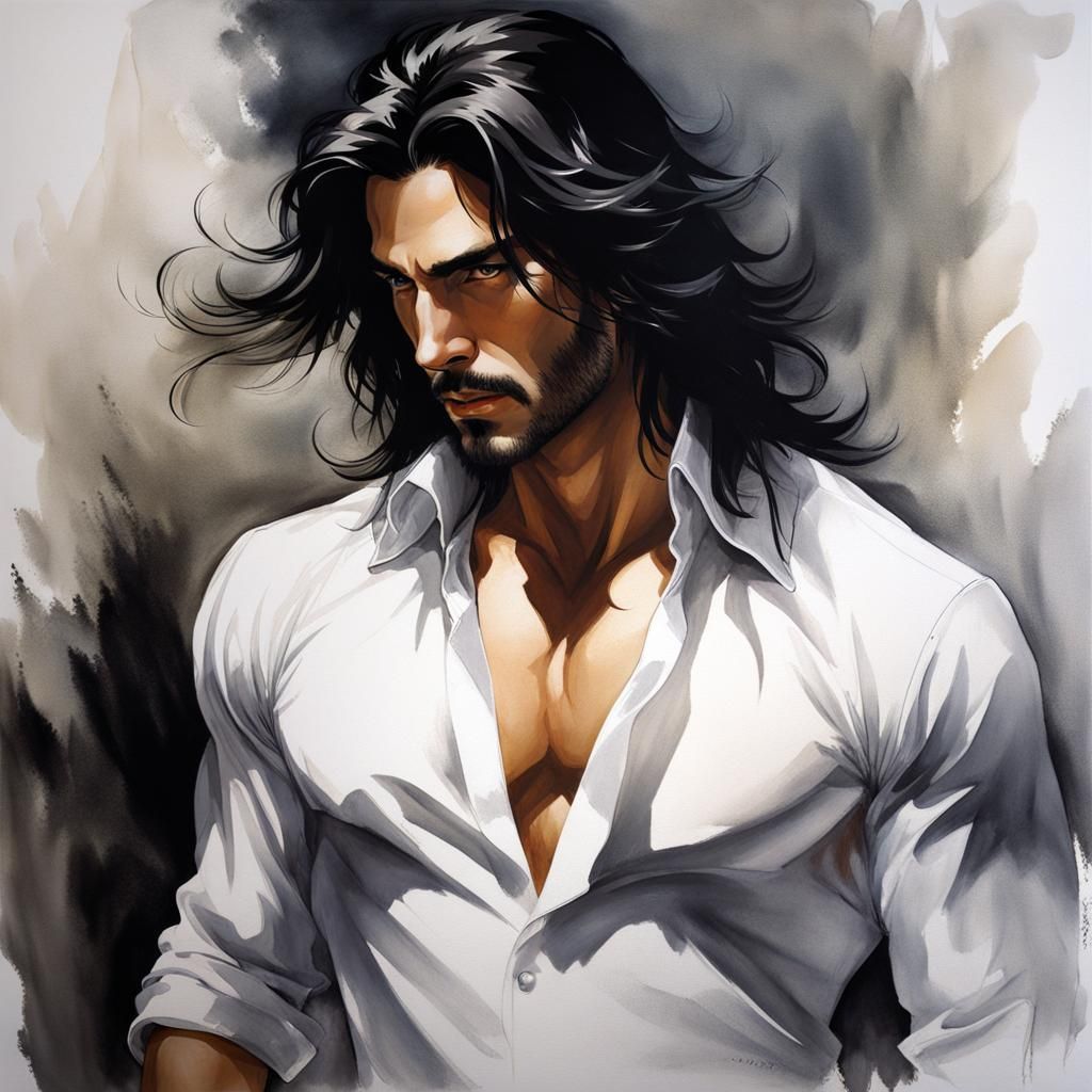 Gothic Portrait of Alluring Dark-Haired Man in Ink Painting ...