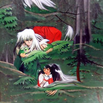 half demon long white haired boy inuyasha hugging young Japa...